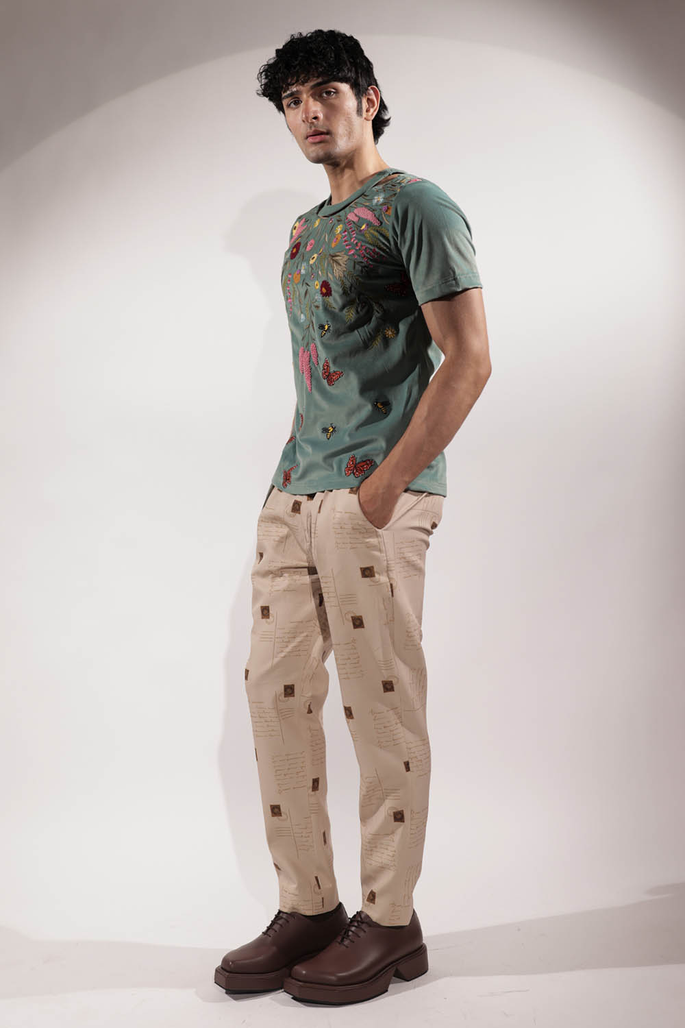 Green Suede Floral Embroidered T-shirt
