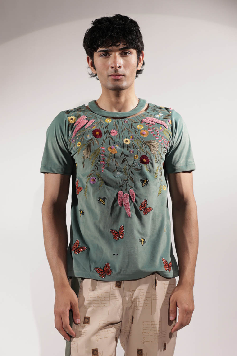 Green Suede Floral Embroidered T-shirt