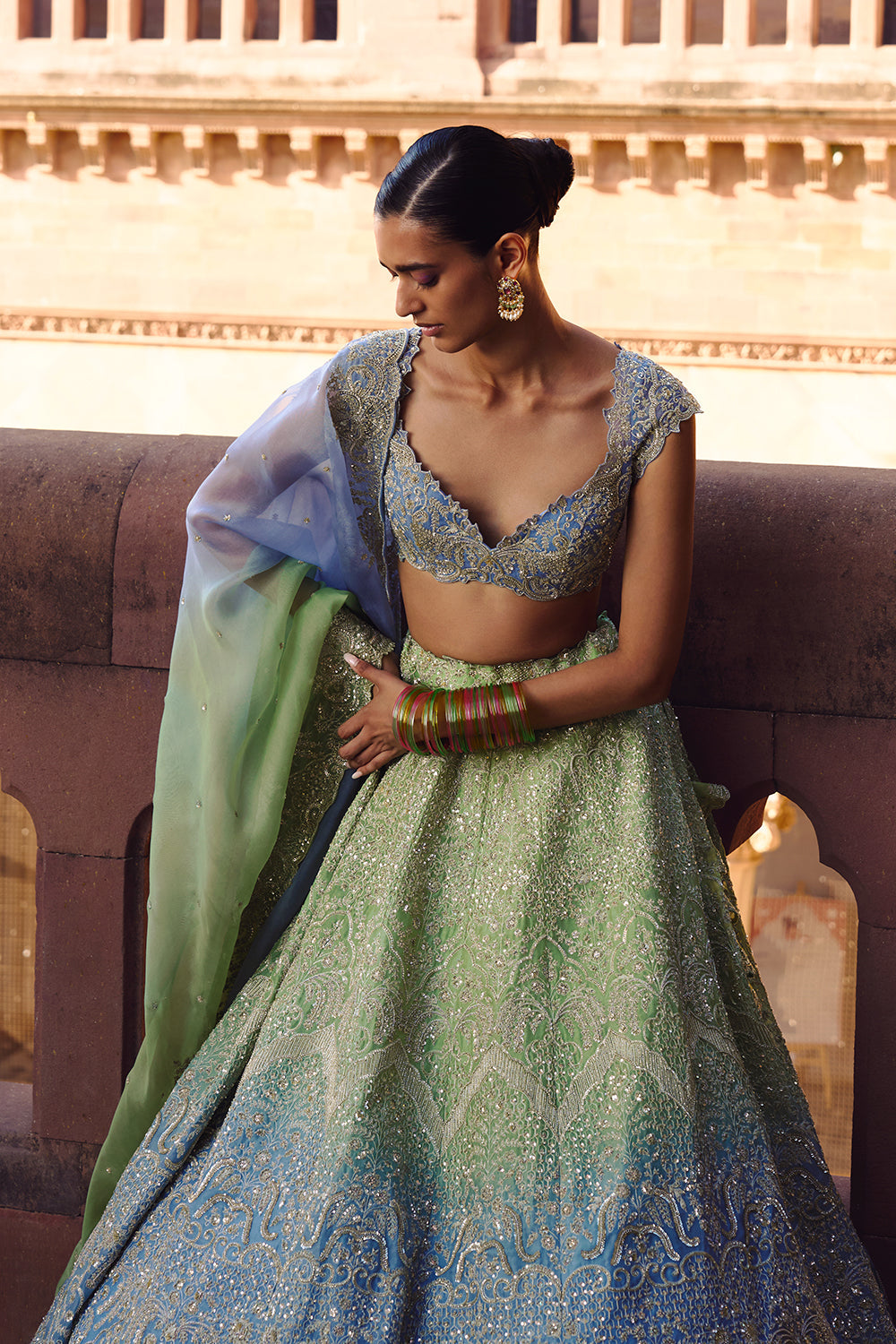 Green To Blue Ombre Crystal Lehenga Set