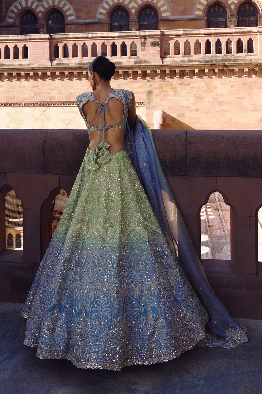 Green To Blue Ombre Crystal Lehenga Set