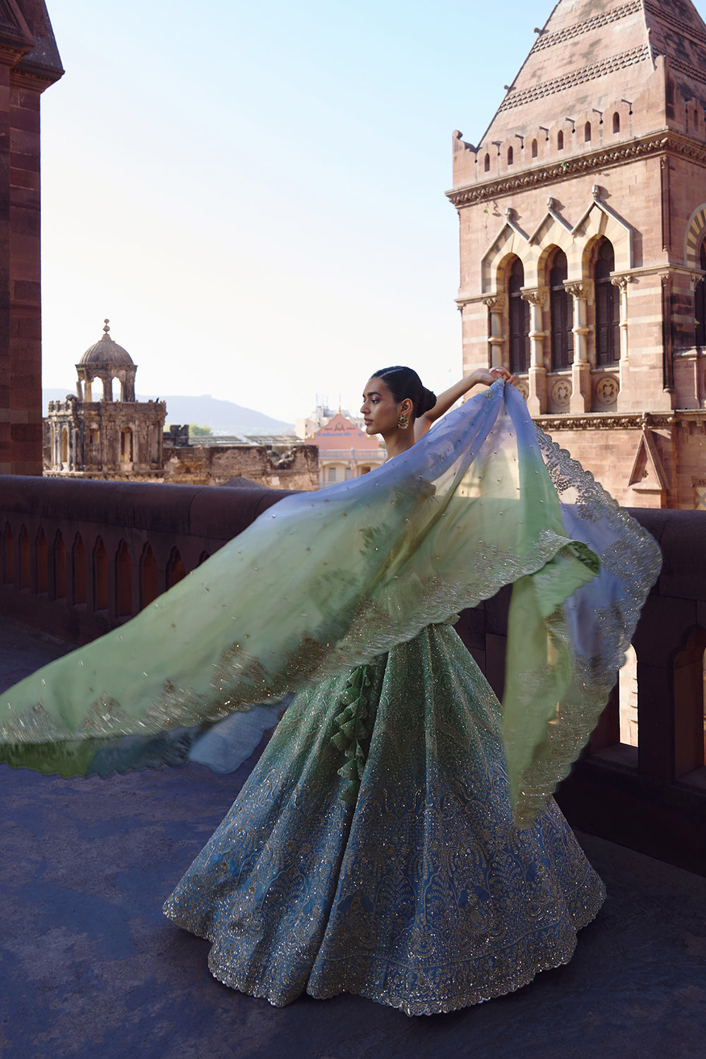 Green To Blue Ombre Crystal Lehenga Set