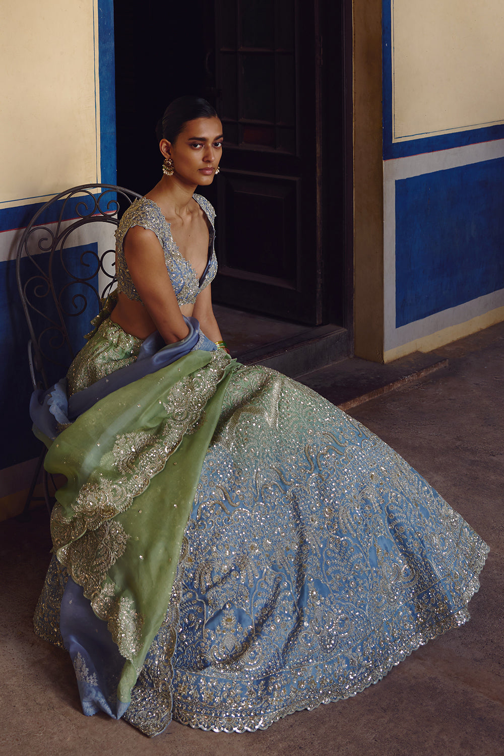 Green To Blue Ombre Crystal Lehenga Set