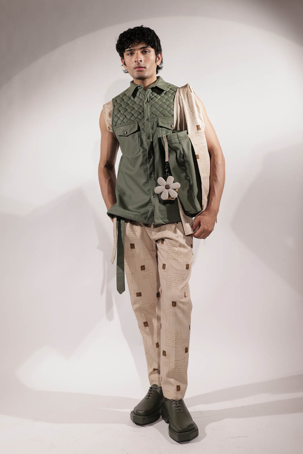 Green Weaving Detail Sleeveless Jacket