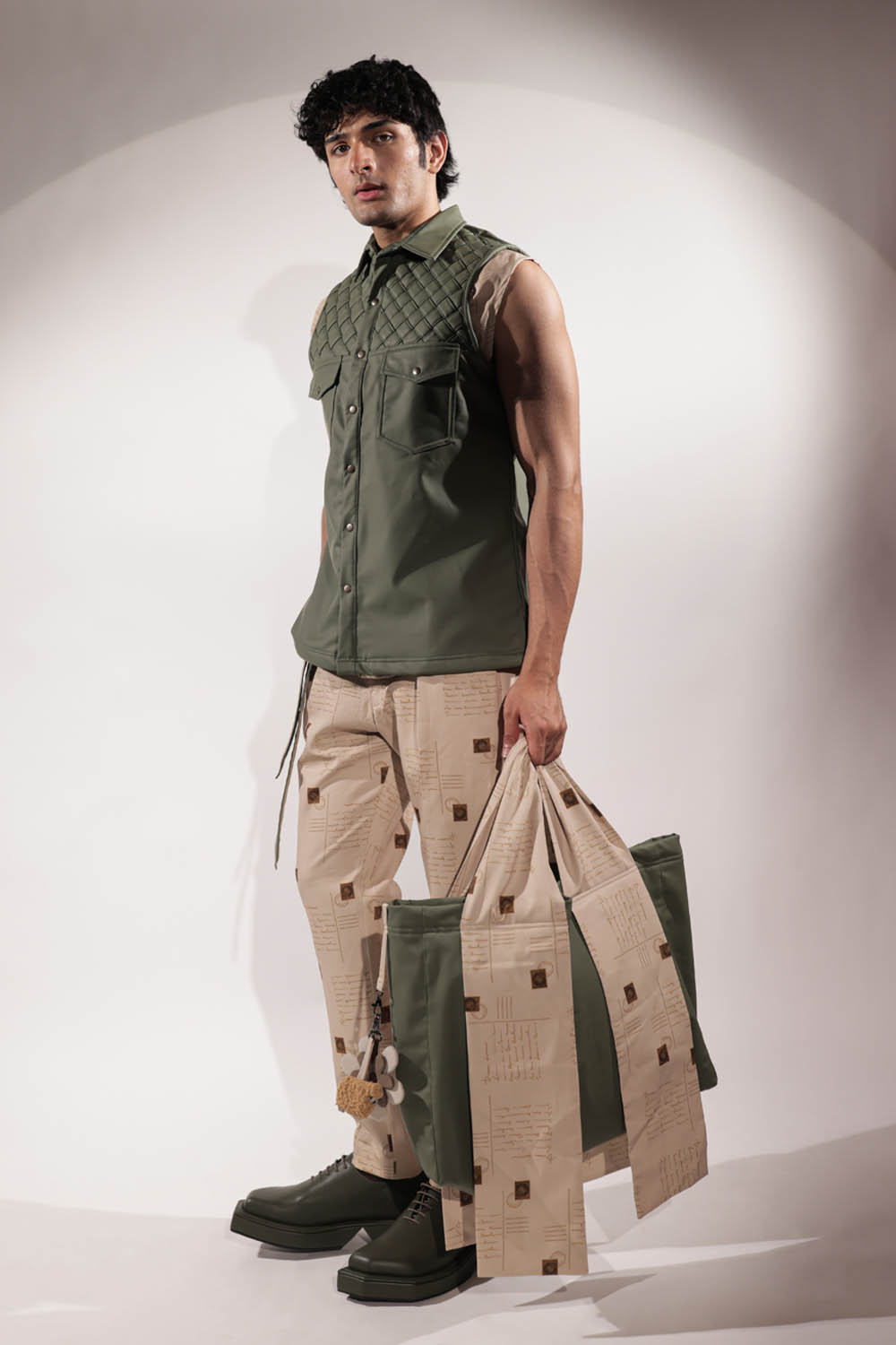 Green Weaving Detail Sleeveless Jacket