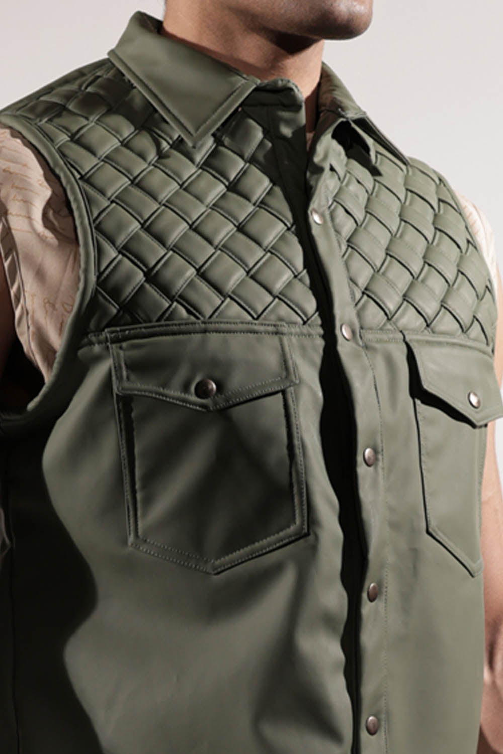 Green Weaving Detail Sleeveless Jacket