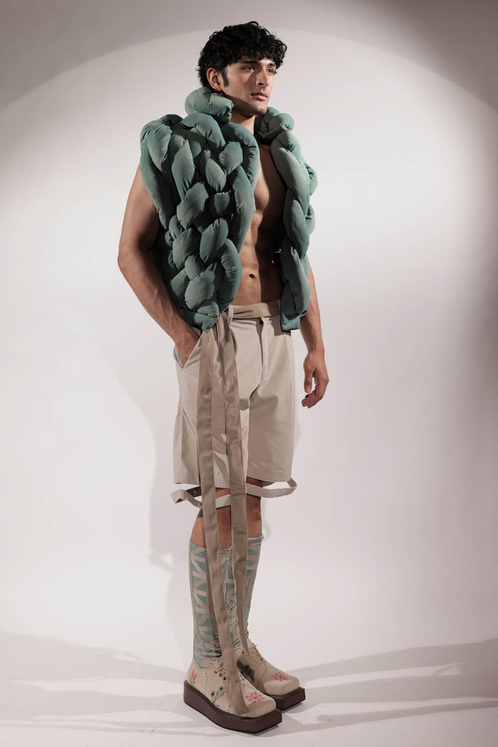 Green Woven Suede Puffer Jacket