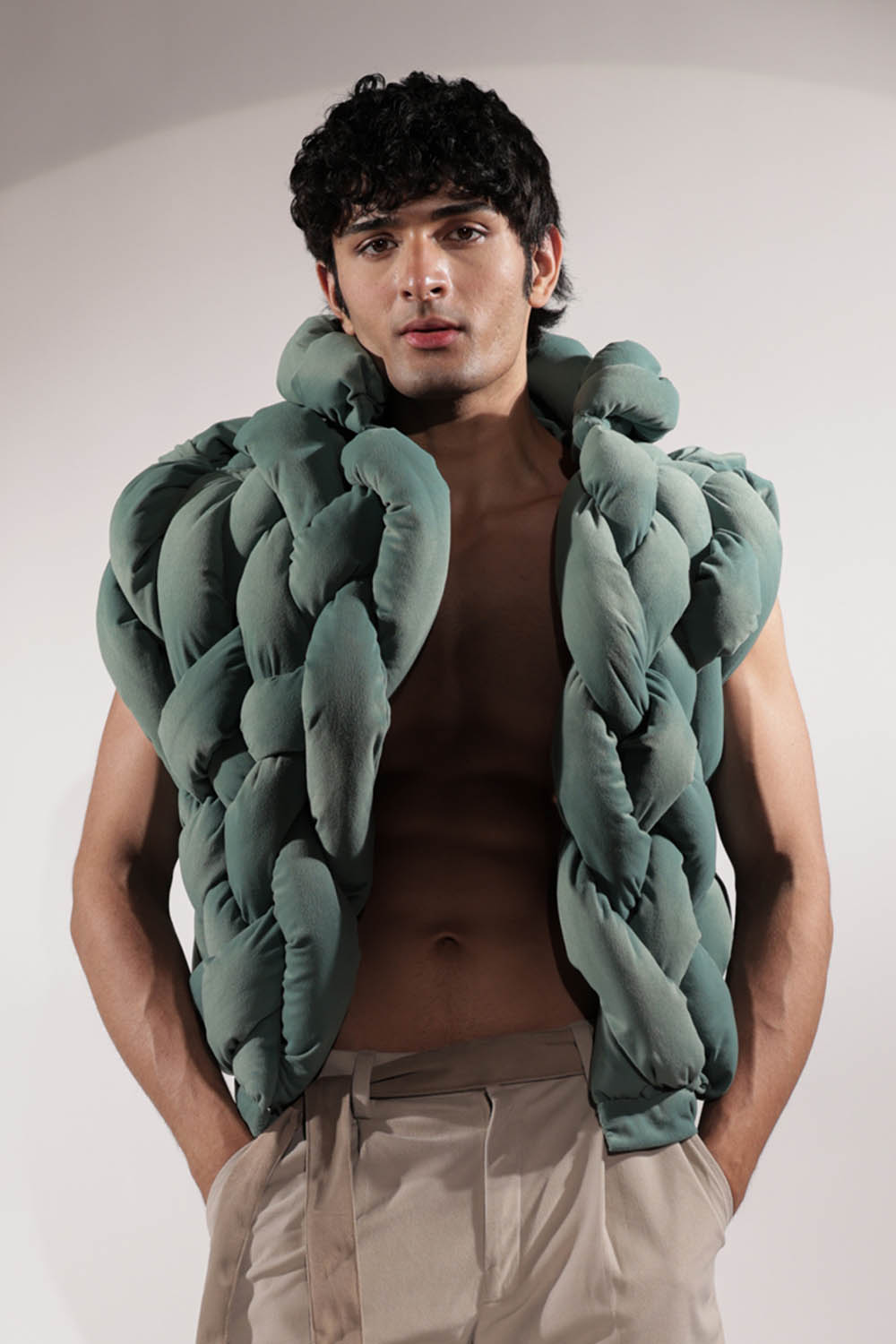 Green Woven Suede Puffer Jacket