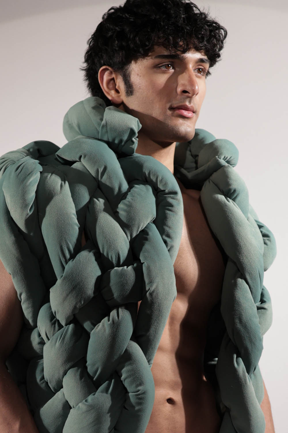 Green Woven Suede Puffer Jacket