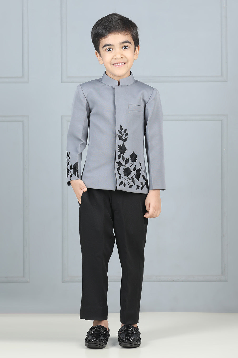 Grey and Black Bandgala with Thread Embroidery