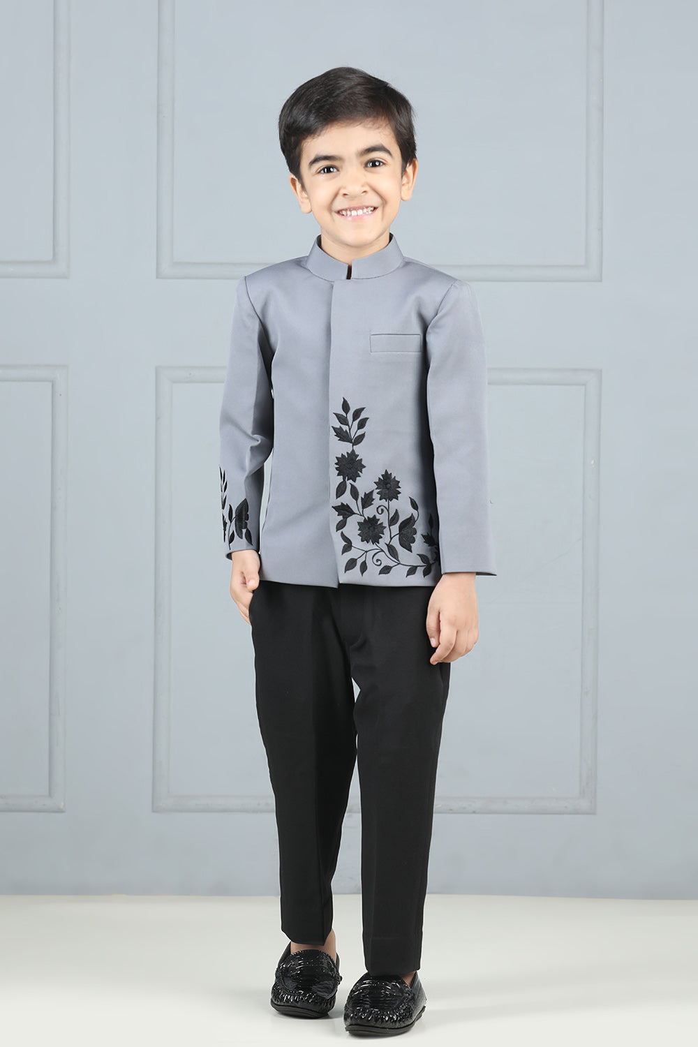 Grey and Black Bandgala with Thread Embroidery