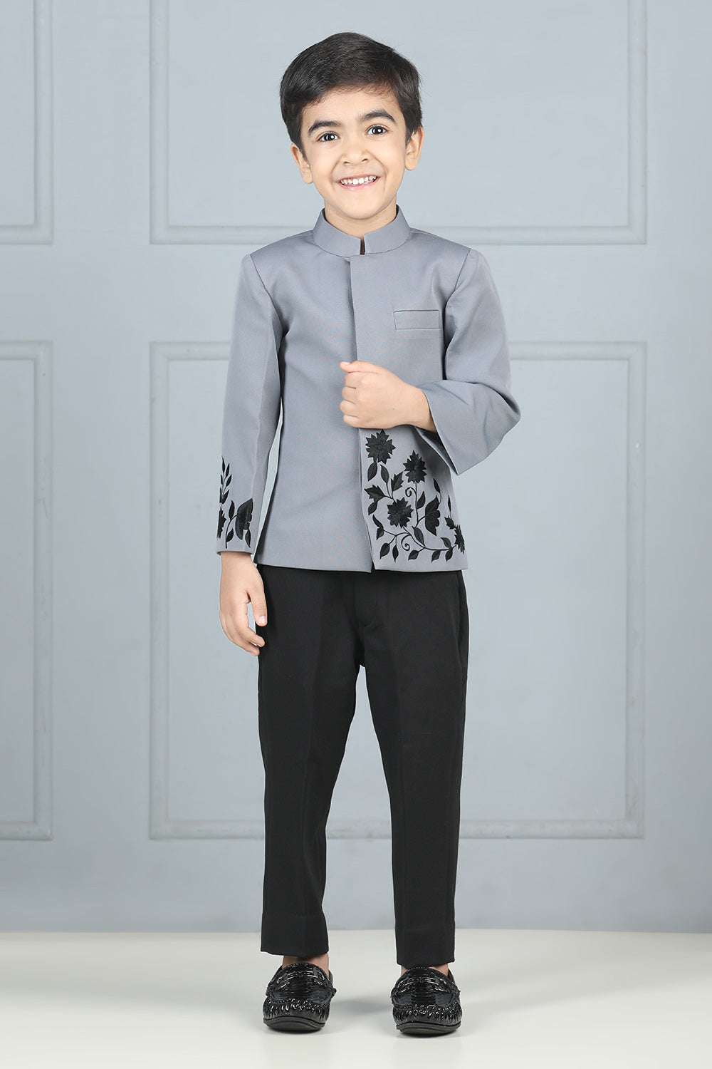 Grey and Black Bandgala with Thread Embroidery