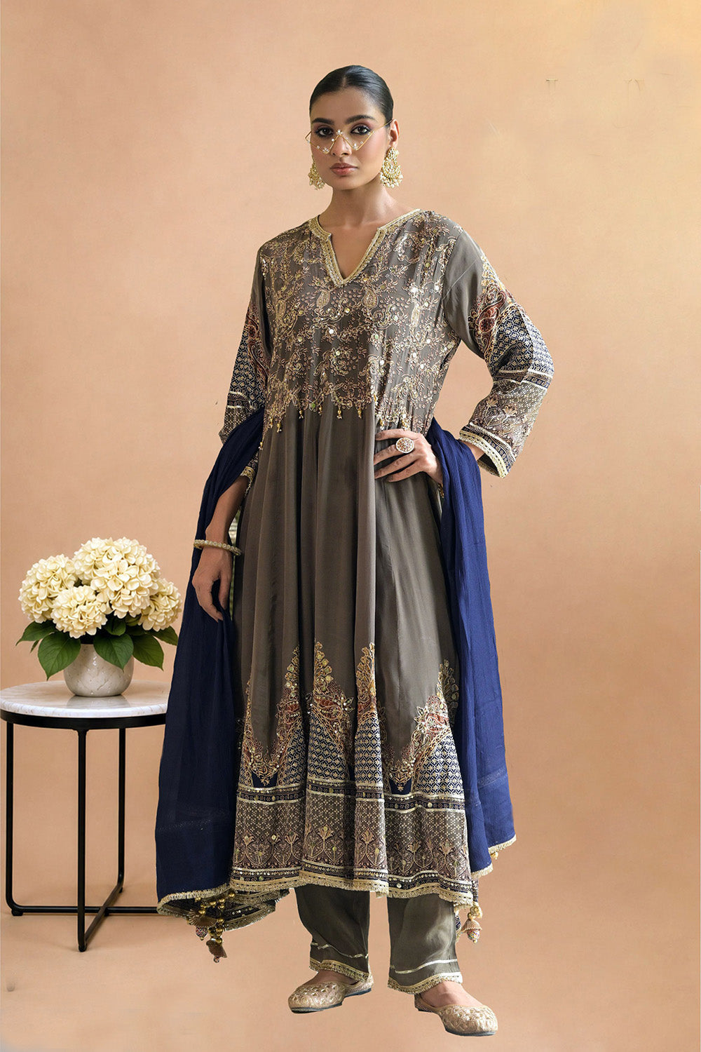Grey Crepe Anarkali Suit With Navy Blue Embroidered Dupatta Design