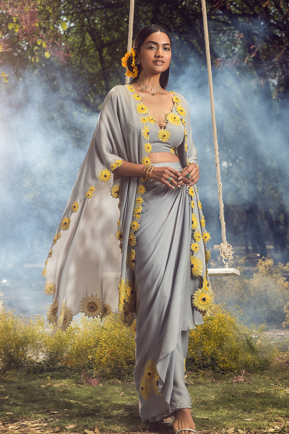 Grey Draped Skirt With Blouse And Jacket