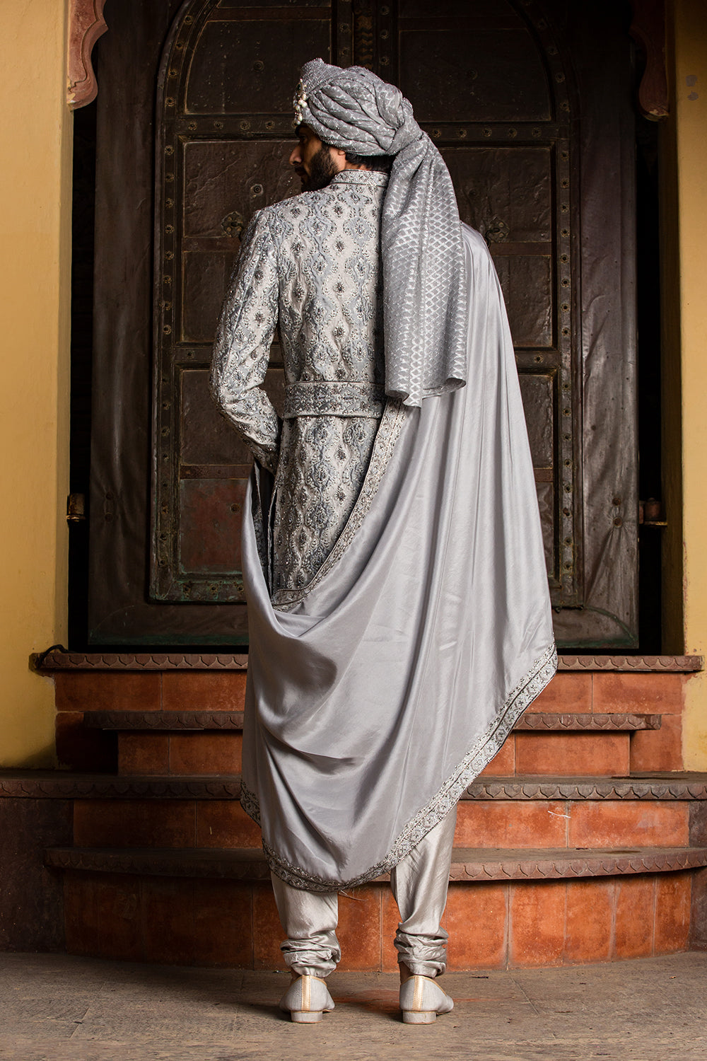 Grey Dupion Silk Applique  Embroidered Achkan And Belt With Monga Kurta And Churidar