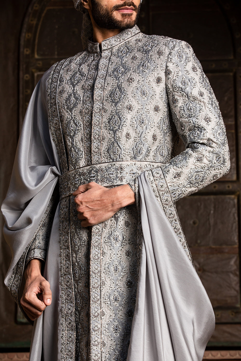 Grey Dupion Silk Applique  Embroidered Achkan And Belt With Monga Kurta And Churidar