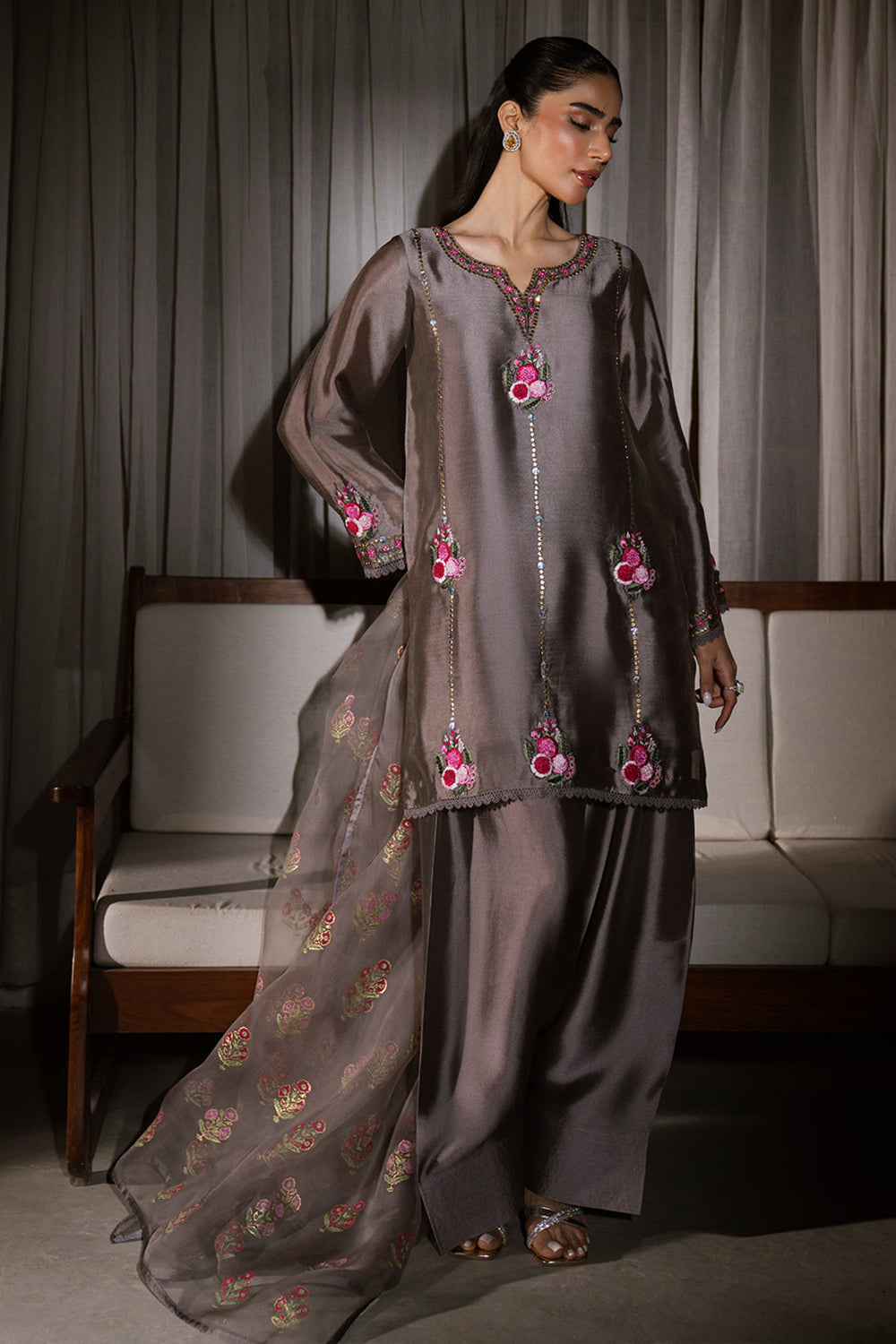 Grey Embroidered Gajji Silk Farshi Suit Set