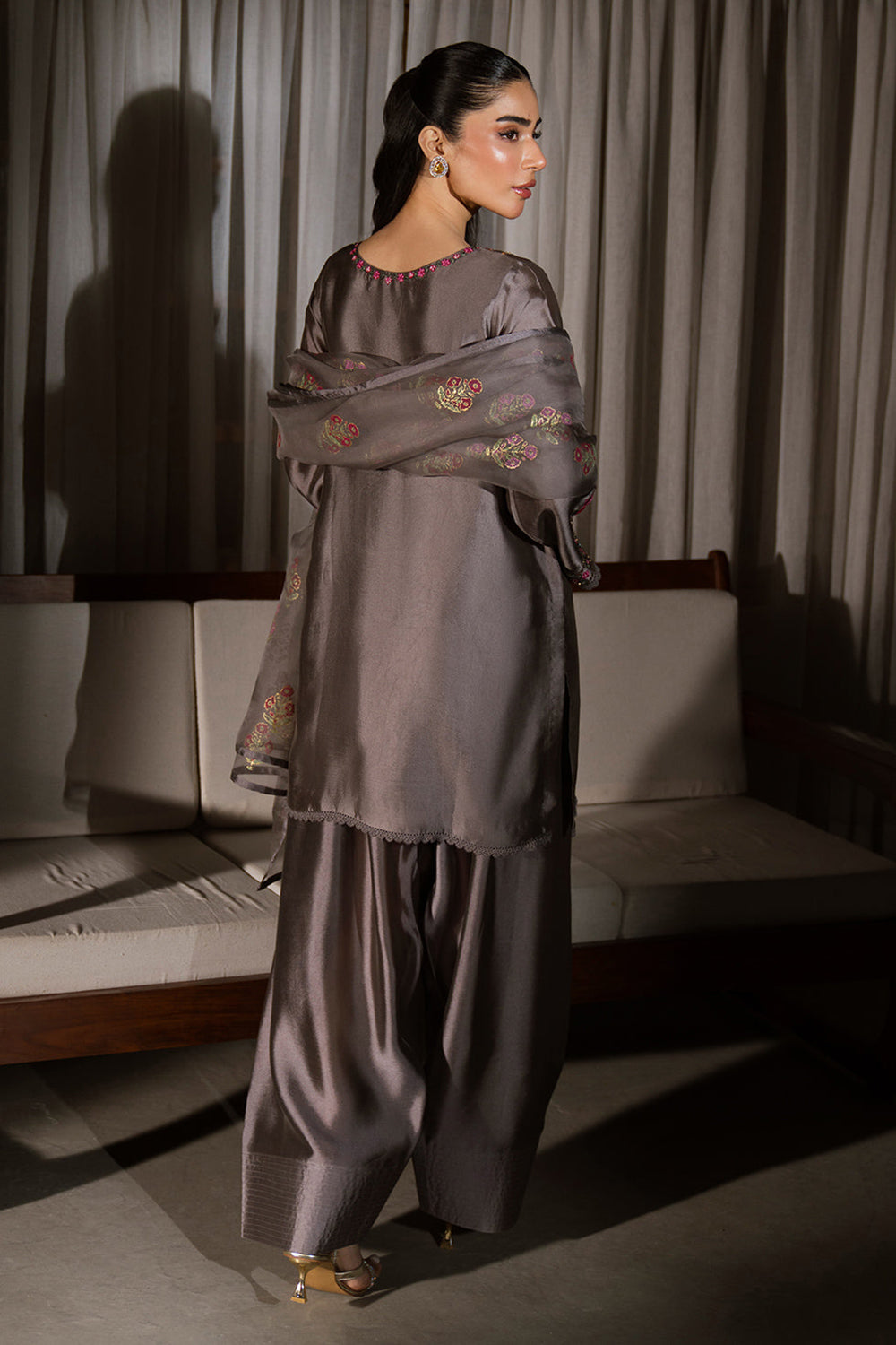 Grey Embroidered Gajji Silk Farshi Suit Set