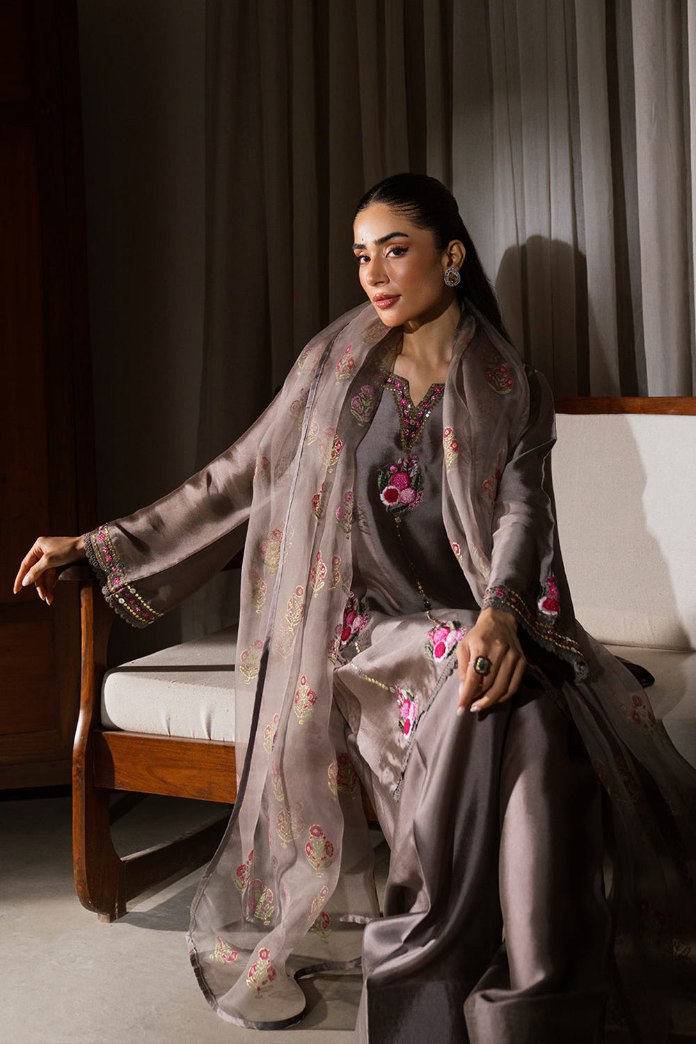 Grey Embroidered Gajji Silk Farshi Suit Set