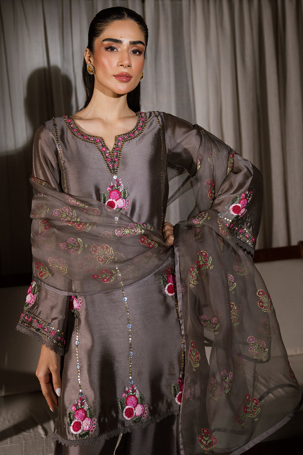 Grey Embroidered Gajji Silk Farshi Suit Set