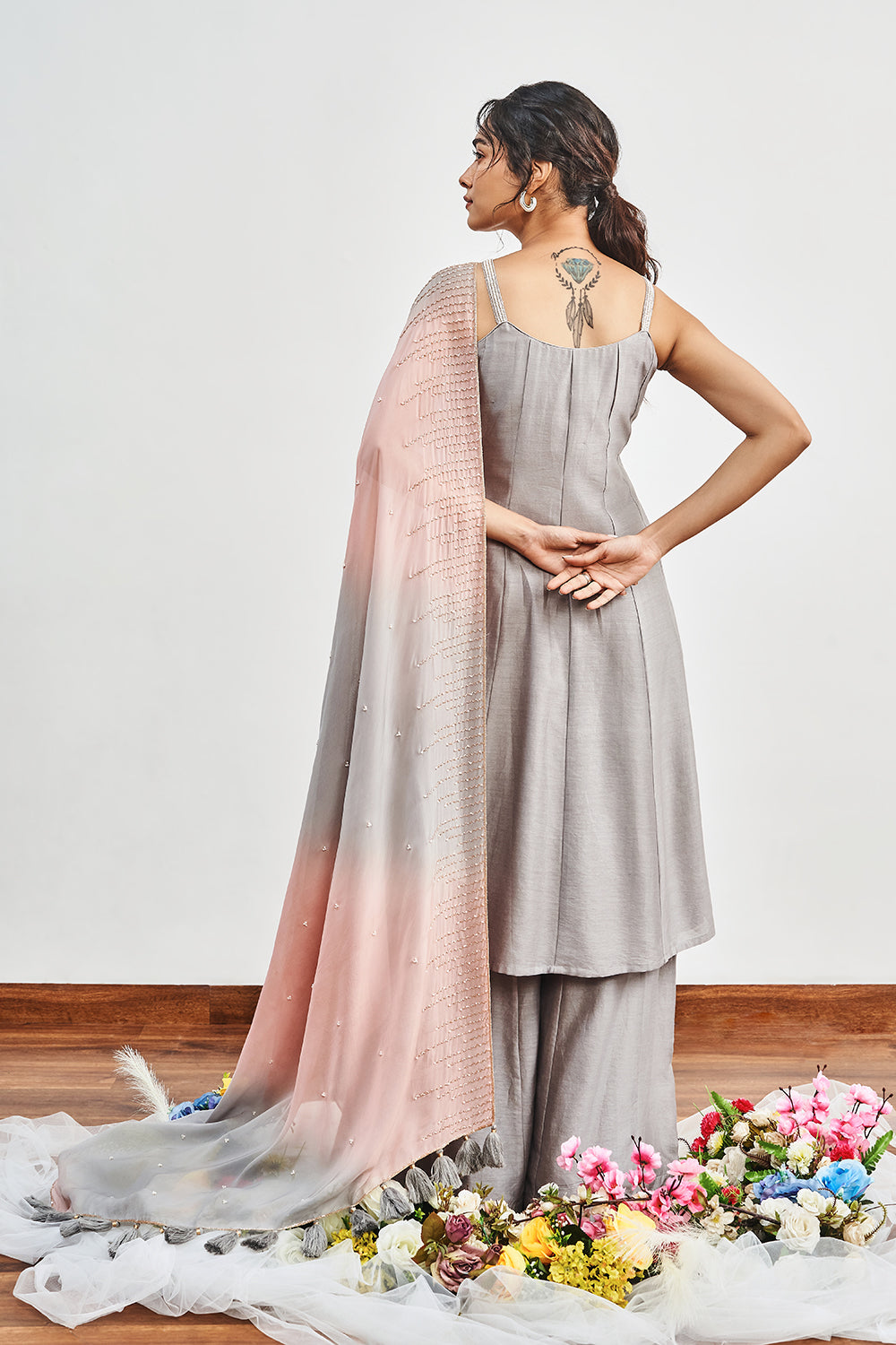 Grey Kalidaar with Grey X Pink Shaded Dupatta