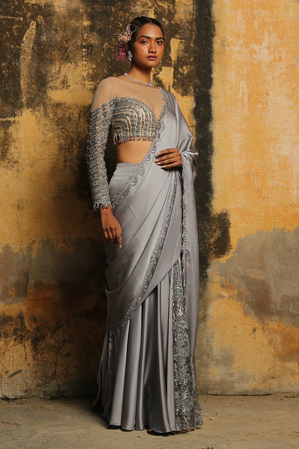 Grey Nude Drape Saree