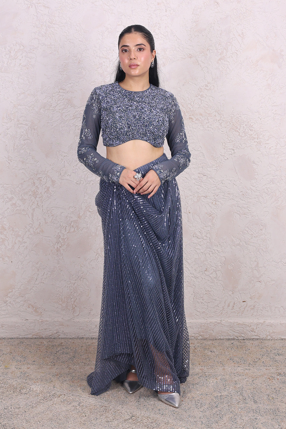 Grey Skirt and Embellished Full Sleeves Top Set