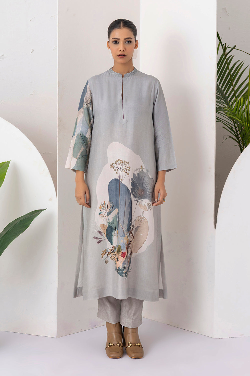 Grey Viscose Dupion Printed Tunic