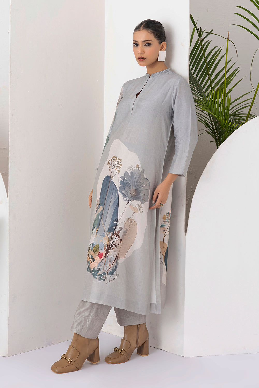 Grey Viscose Dupion Printed Tunic