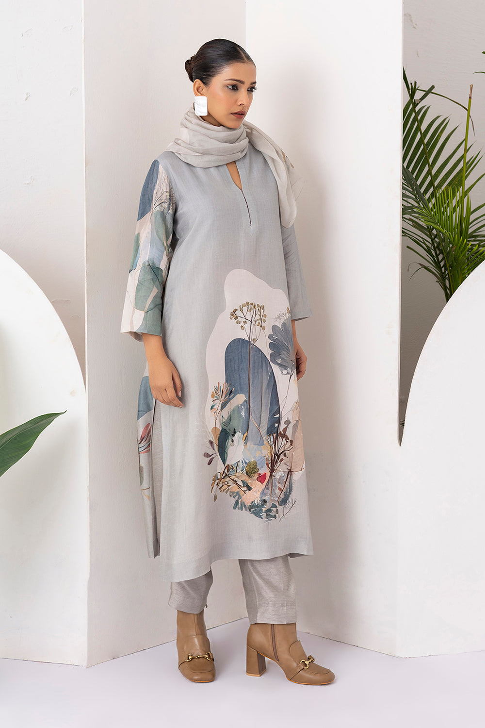 Grey Viscose Dupion Printed Tunic