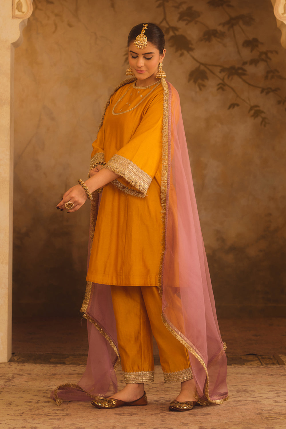 Gulbano Mustard Zero-Neck A-Line Kurta Set