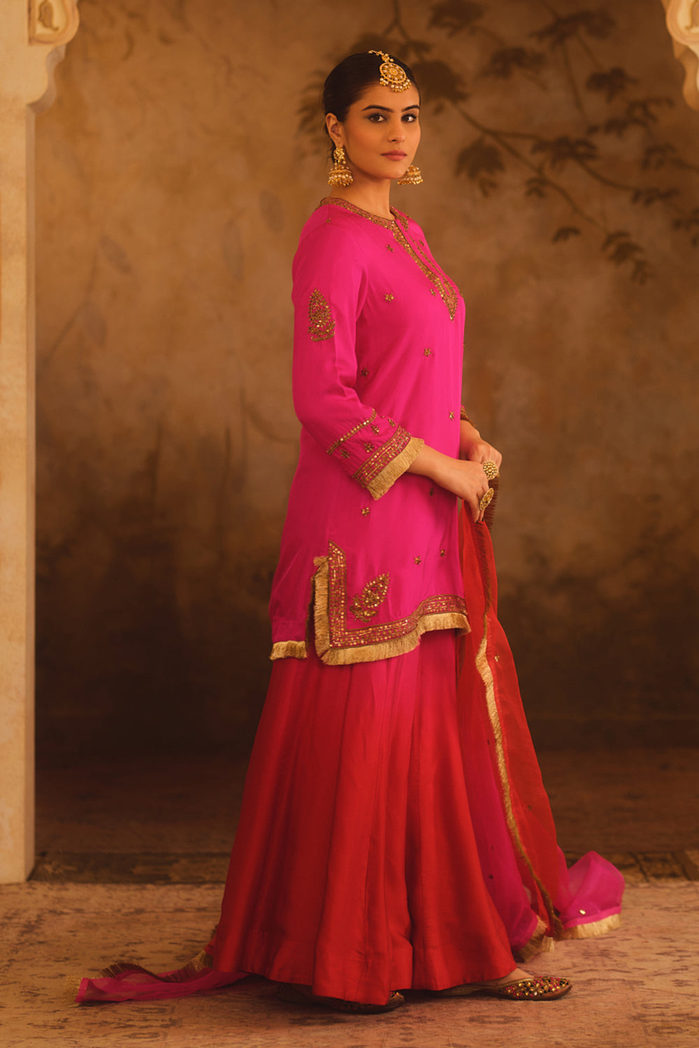 Hoor-E-Mahal Pink & Red Ombre Kurta Sharara Set
