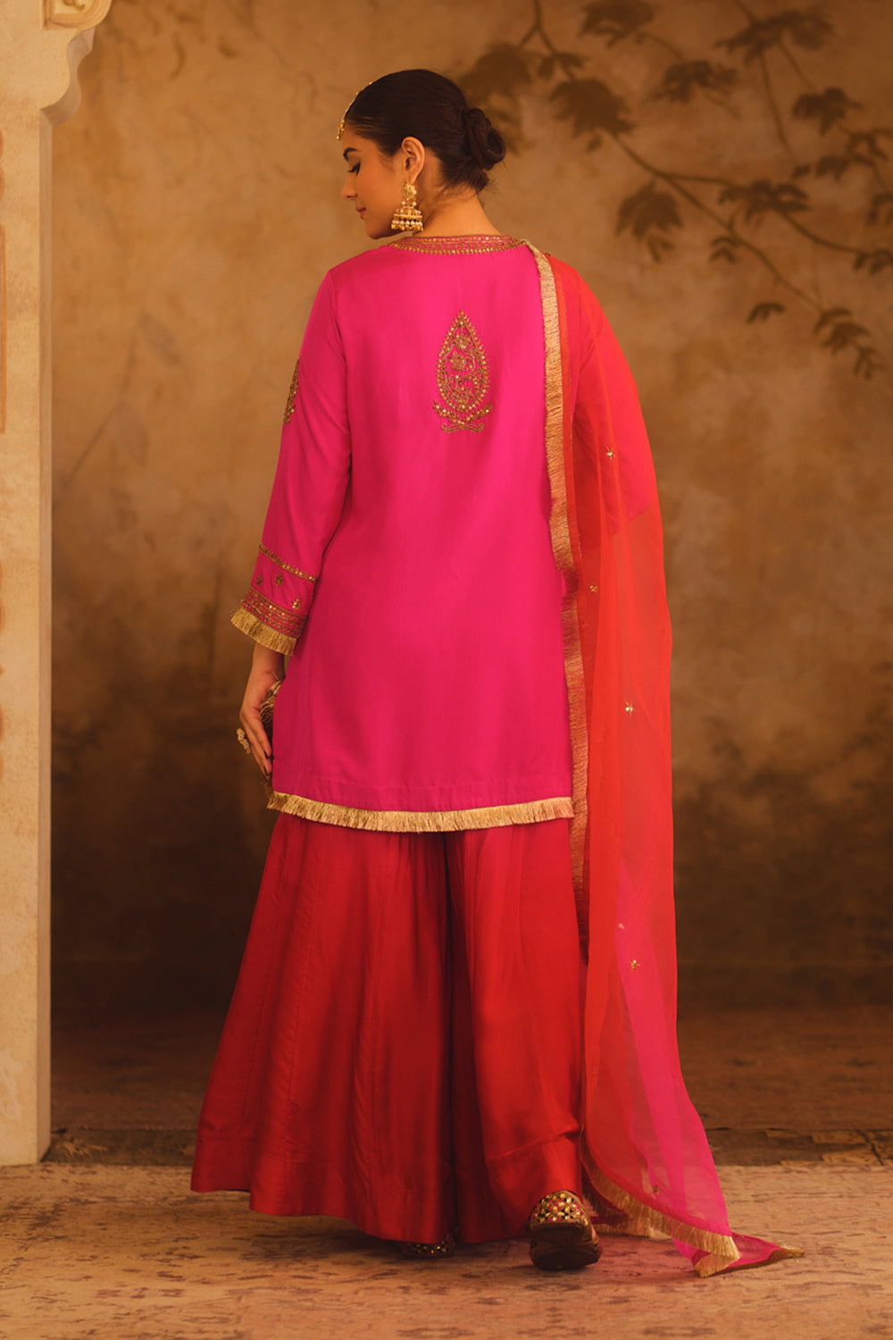 Hoor-E-Mahal Pink & Red Ombre Kurta Sharara Set