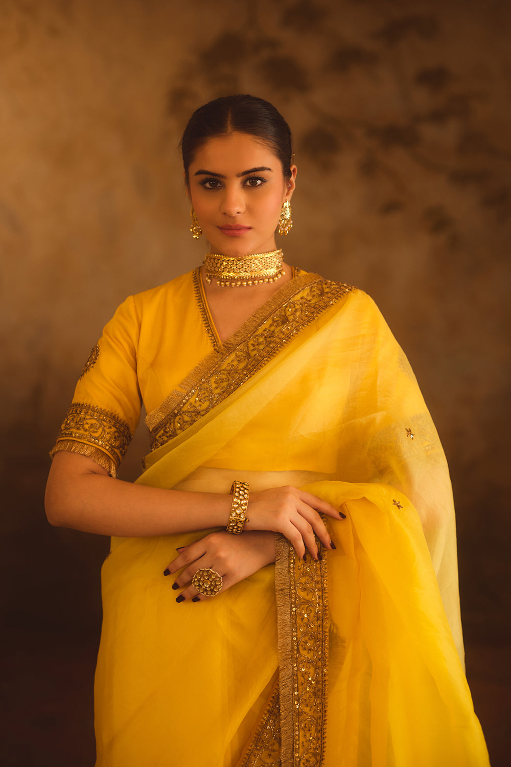 Hoor-E-Mahal Yellow Ombre Organza Saree