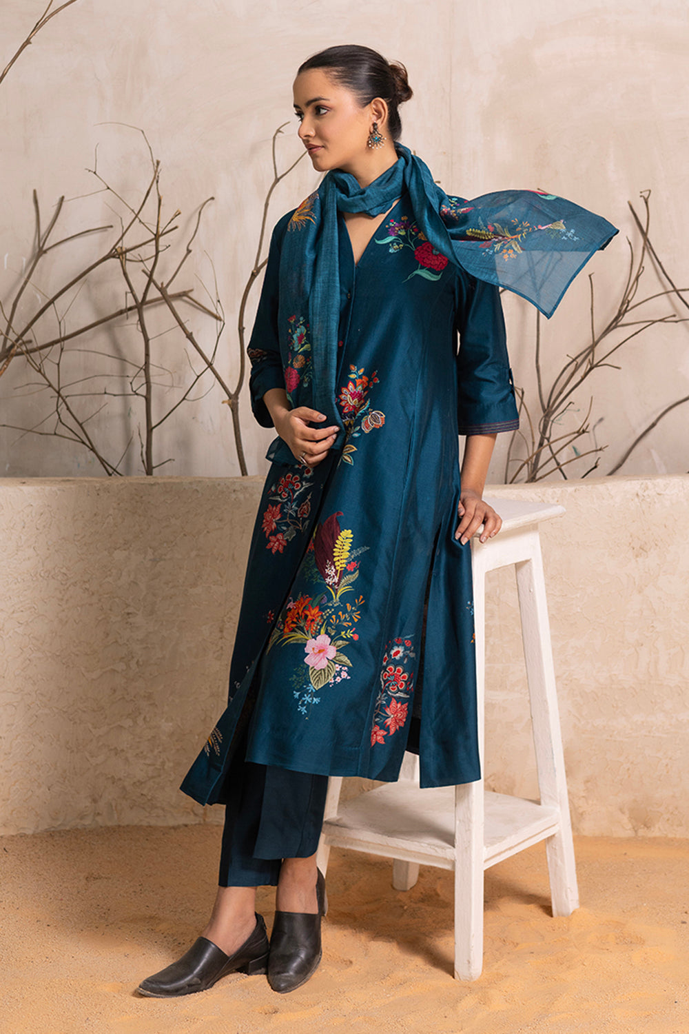 Indigo Silk Chanderi Printed High-Low Dress