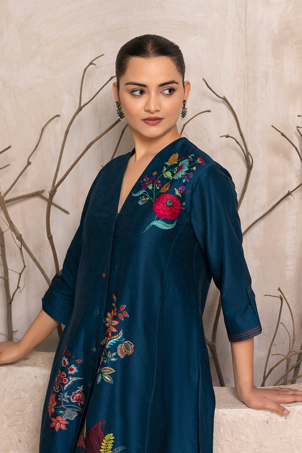 Indigo Silk Chanderi Printed High-Low Dress
