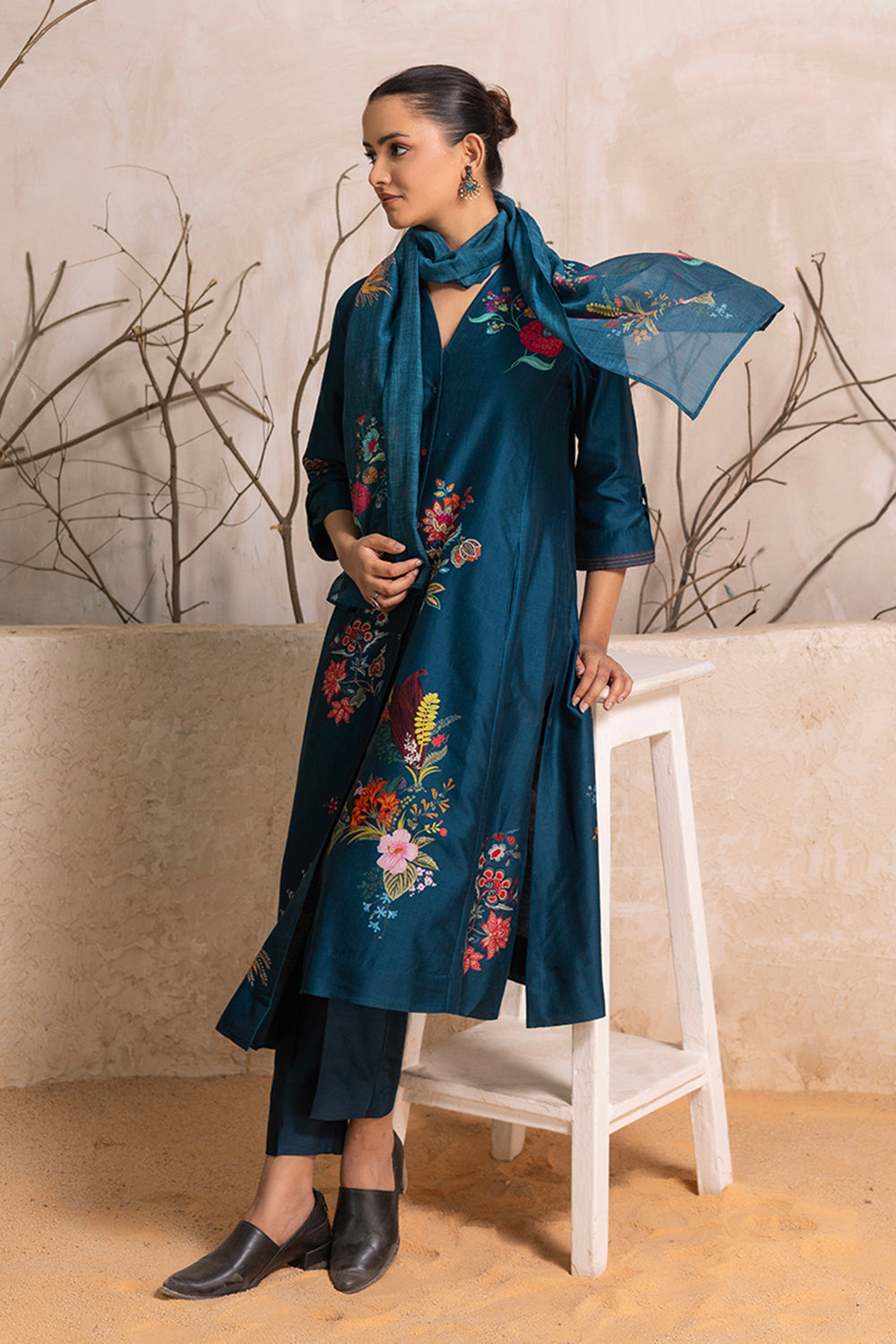 Indigo Silk Chanderi Printed Stole