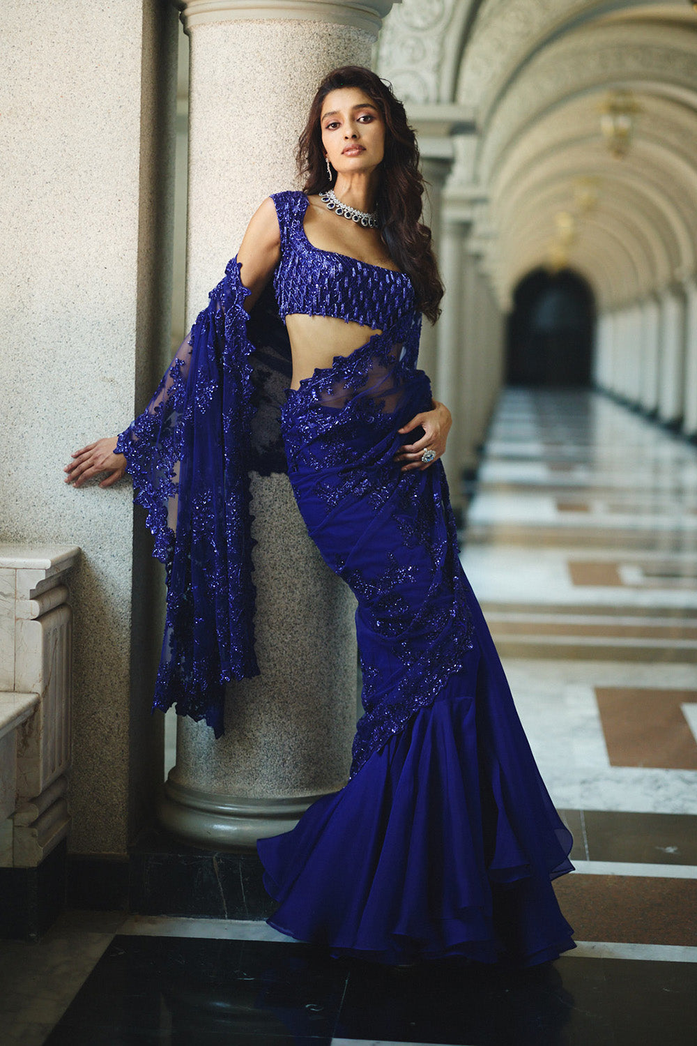 Ink Blue New Athena Ruffle Saree Set