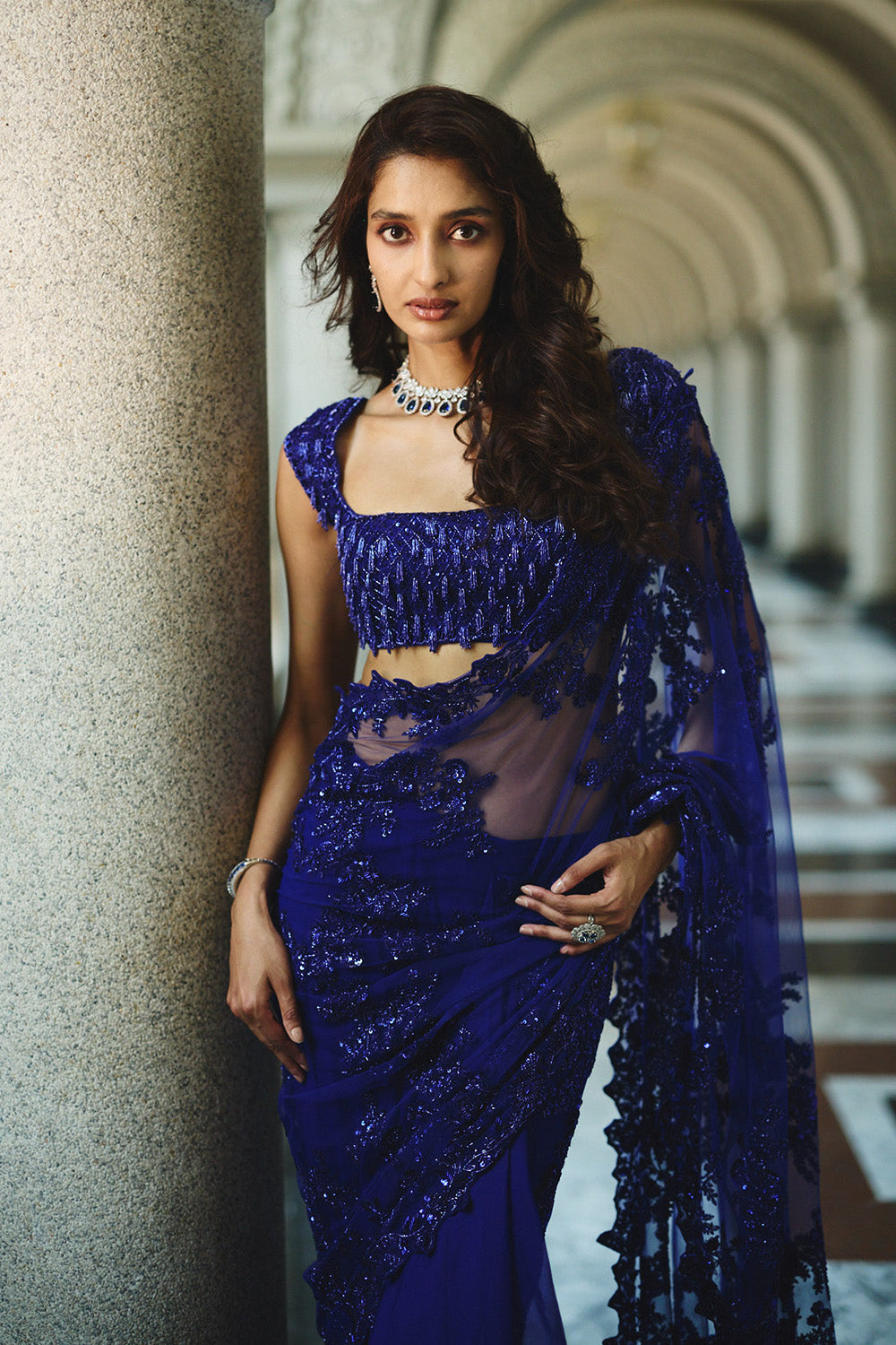 Ink Blue New Athena Ruffle Saree Set