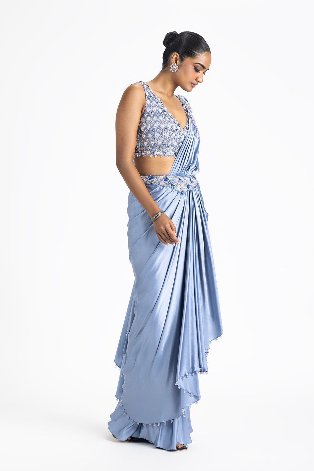 Ink Blue Satin Pre-Draped Saree