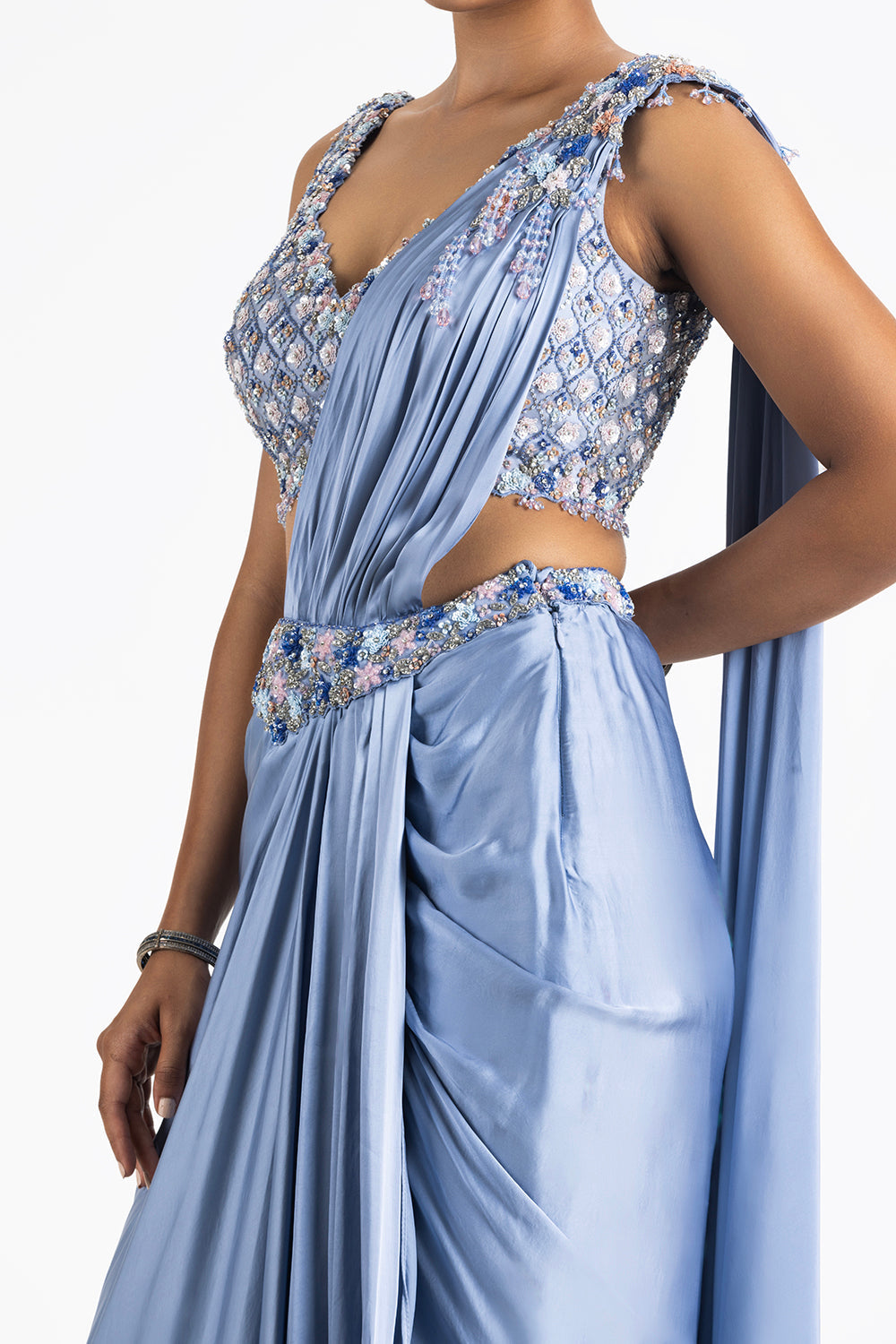Ink Blue Satin Pre-Draped Saree
