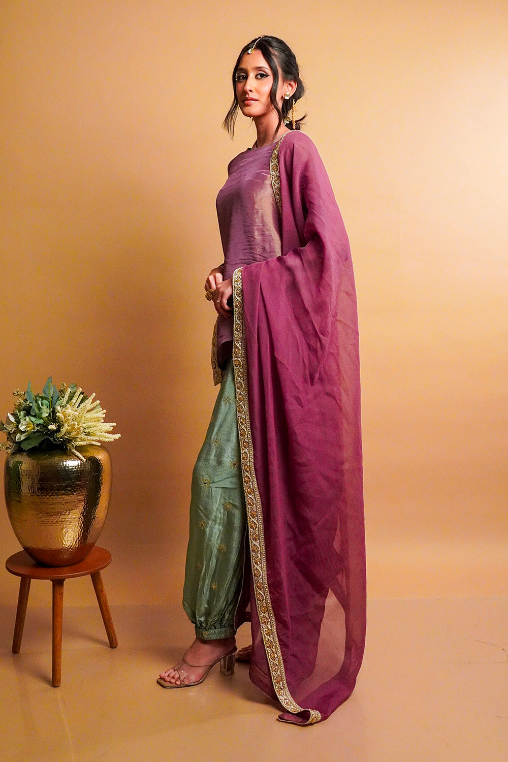 Iris Tissue Kurta with Sage Green Balloon Pants Set and Dupatta