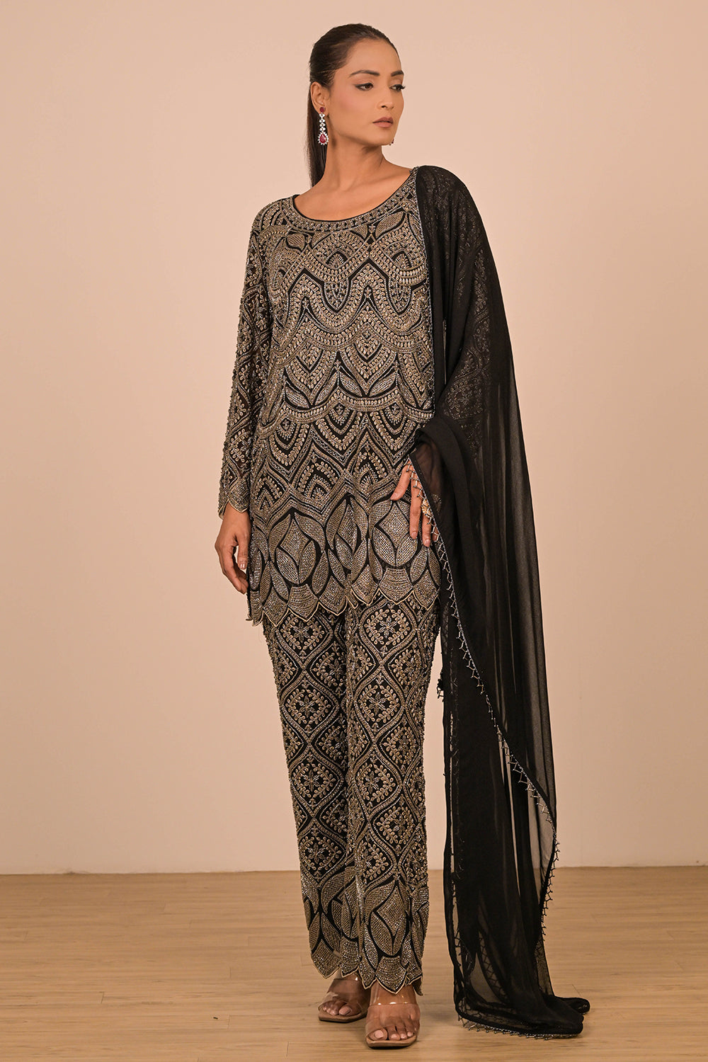 Black Georgette Suit Set with Intricate Moti Embroidery