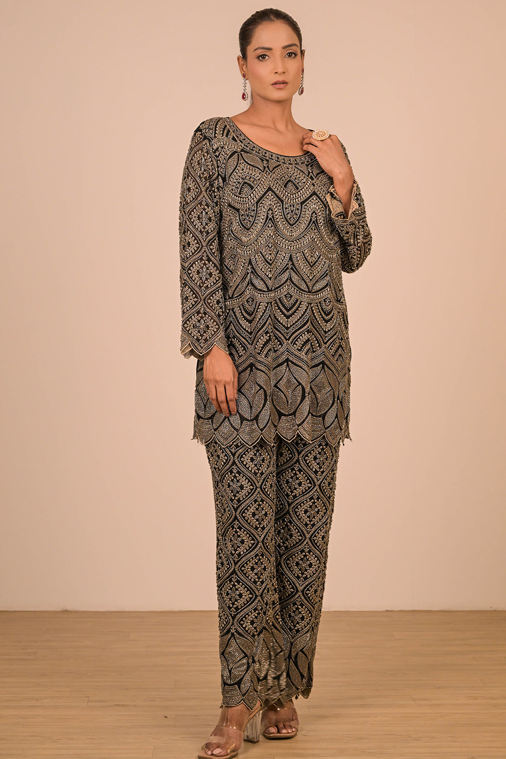 Black Georgette Suit Set with Intricate Moti Embroidery