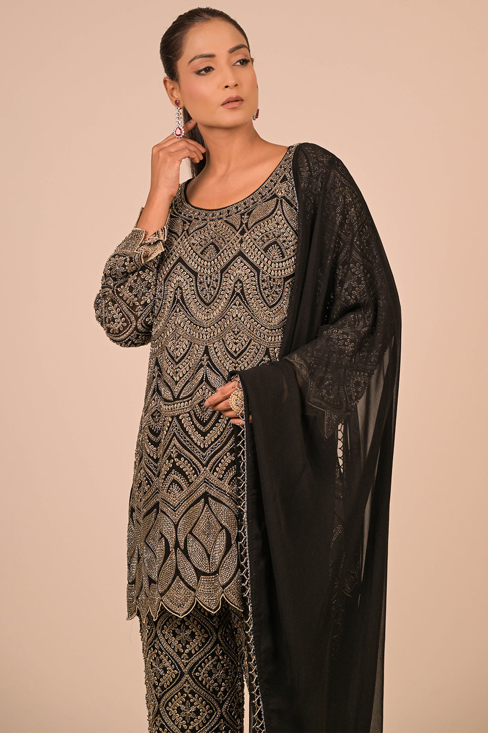Black Georgette Suit Set with Intricate Moti Embroidery