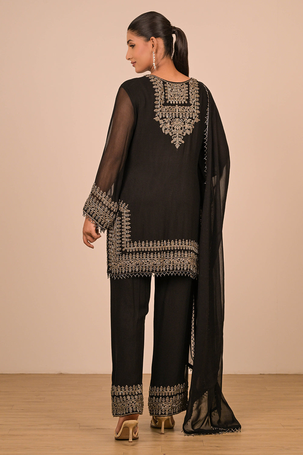 Black Pearl Embroidered Georgette Kurta Set