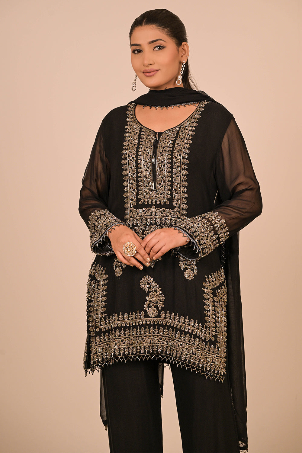 Black Pearl Embroidered Georgette Kurta Set