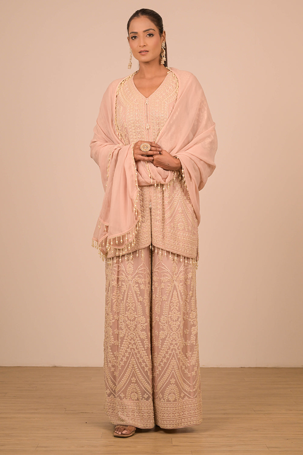 Blush Pink Georgette Sharara Set with Intricate Moti Embroidery