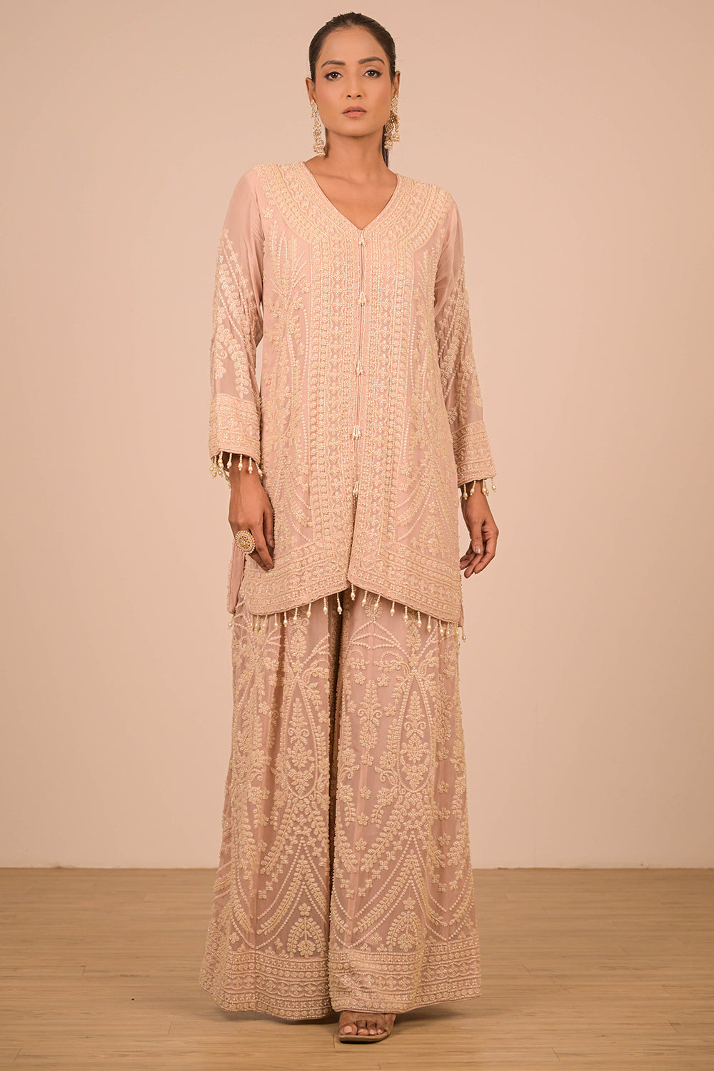 Blush Pink Georgette Sharara Set with Intricate Moti Embroidery