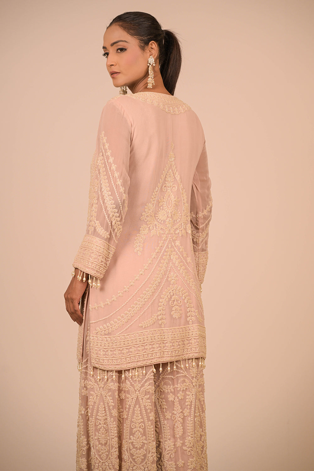Blush Pink Georgette Sharara Set with Intricate Moti Embroidery