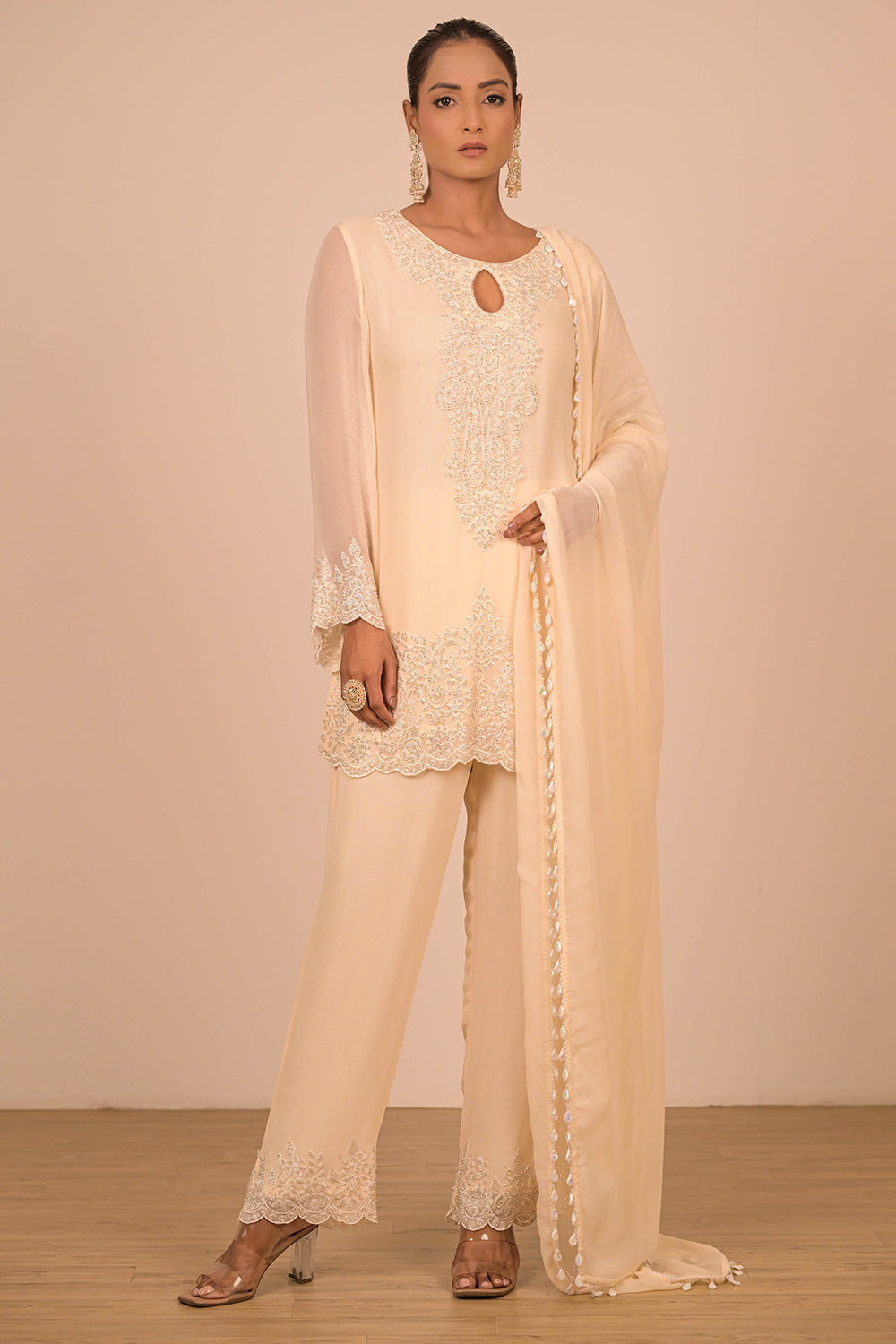 Cream Crepe Short Suit Set with Pearl Moti Embroidery